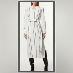 12 Petite Karen Millen White, tan, and Black Striped Belted Dress
